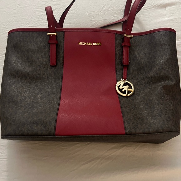 Michael Kors Red and Brown Jet Set Travel Tote - Picture 3 of 5